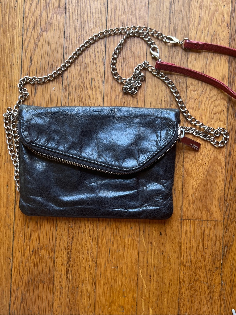 HOBO Black Leather Crossbody with Silver Chain
